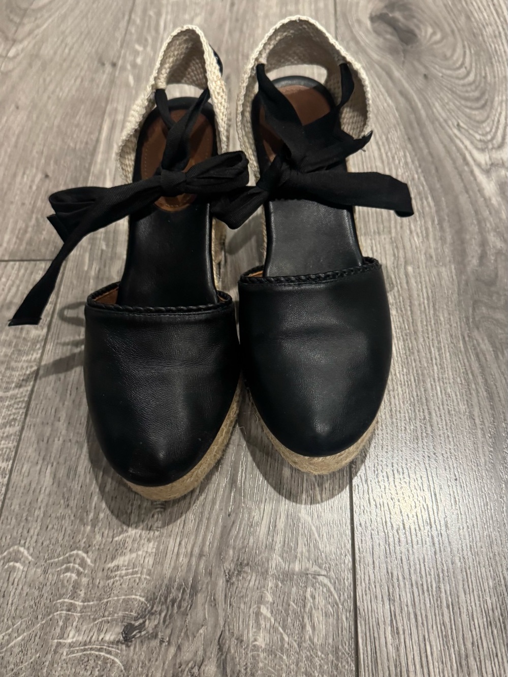 Black Espadrille Wedge Sandals with Ankle Tie - Women